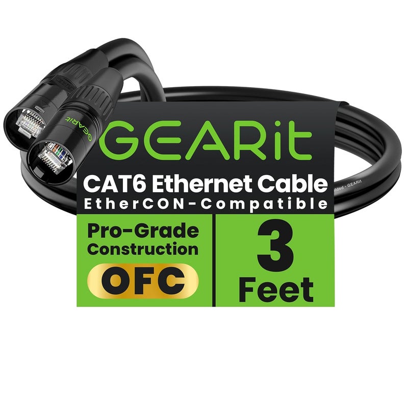 GearIT Shielded CAT6 Ethercon Cable (3 Feet) Professional Audio & Lighting RJ45 EtherCON-Compatible Cable for Studio, Stage, Concerts - 3ft Black - Image 1